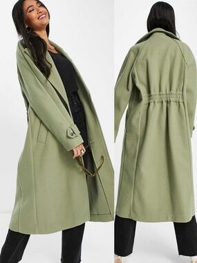 ASOS River Island Longline Duster Pea Coat in Sage Khaki Green Size US 8 NWT